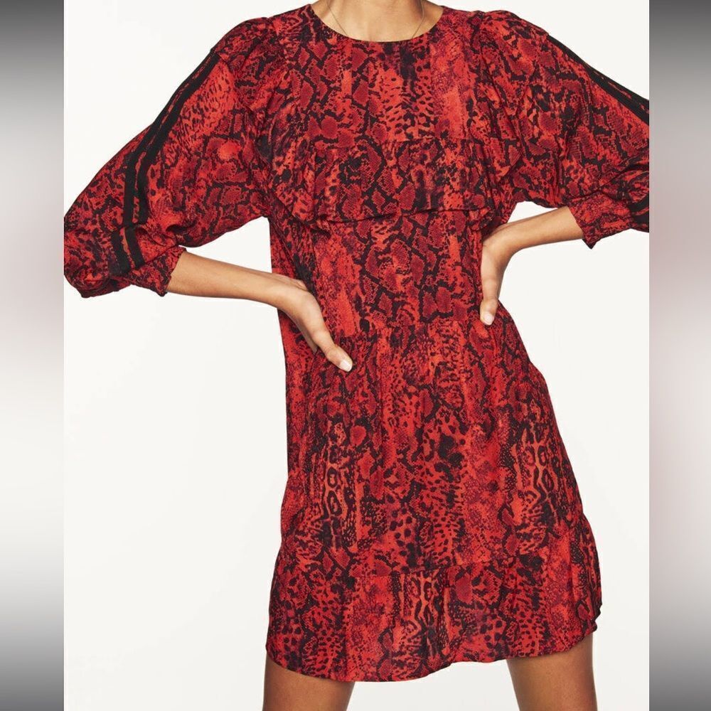 ba&sh Sym Red Snakeskin Print Ruffled Crepe Mini Dress Size XS‎